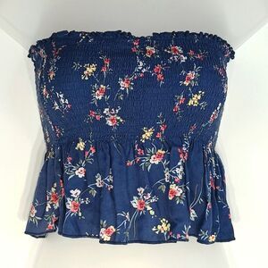 GARAGE Women’s Blue Floral Smocked Crop Tube Top Medium Strapless Peplum